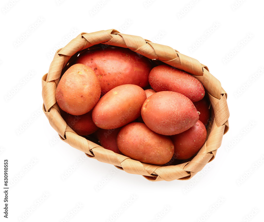 Wicker bowl with fresh raw potatoes on white background