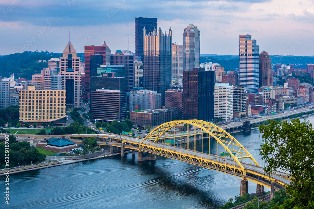 Sunset view of Pittsburgh downtown from Grand View at Mount Washington