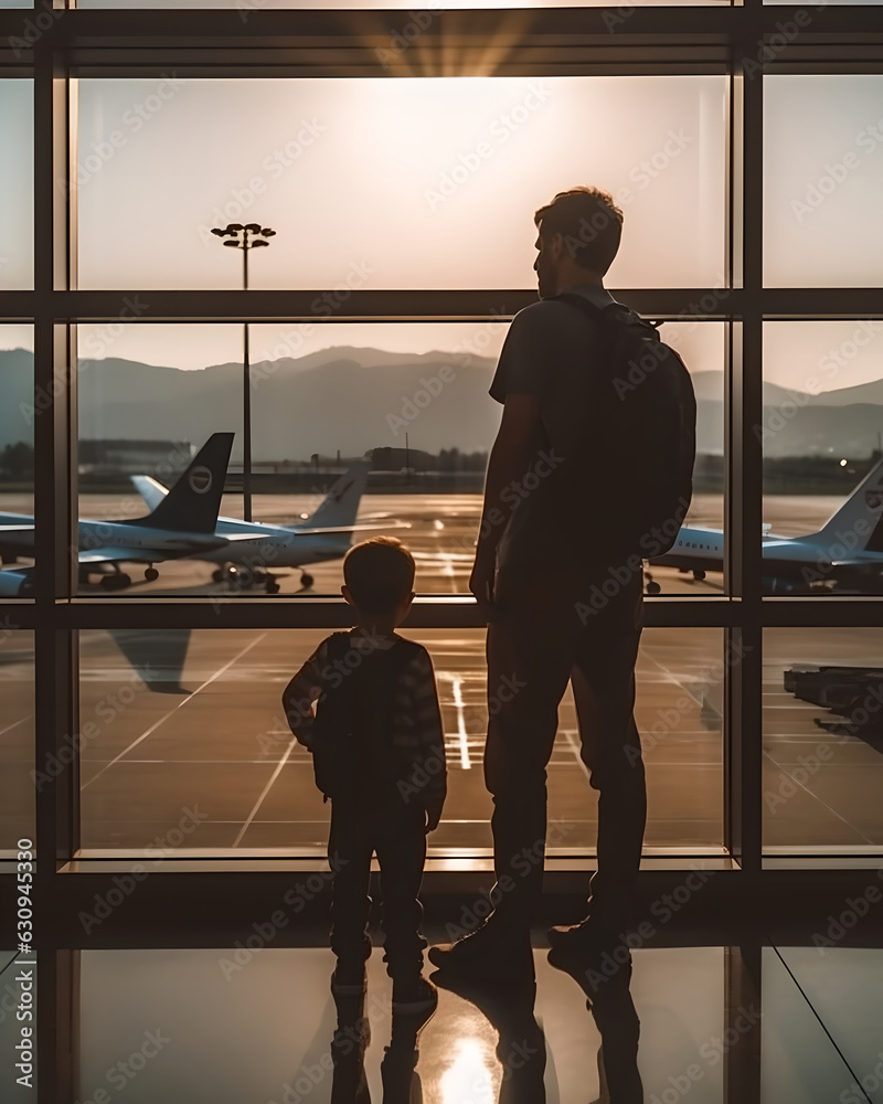 Father with son looking out through window at airplanes, Silhouette of father and son standing in fr