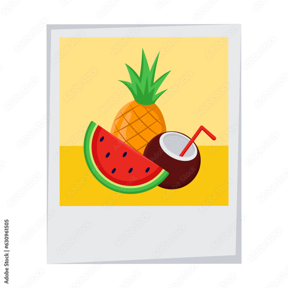 Bright holiday photo with exotic fruits vector illustration. Colourful picture of exotic food or fru