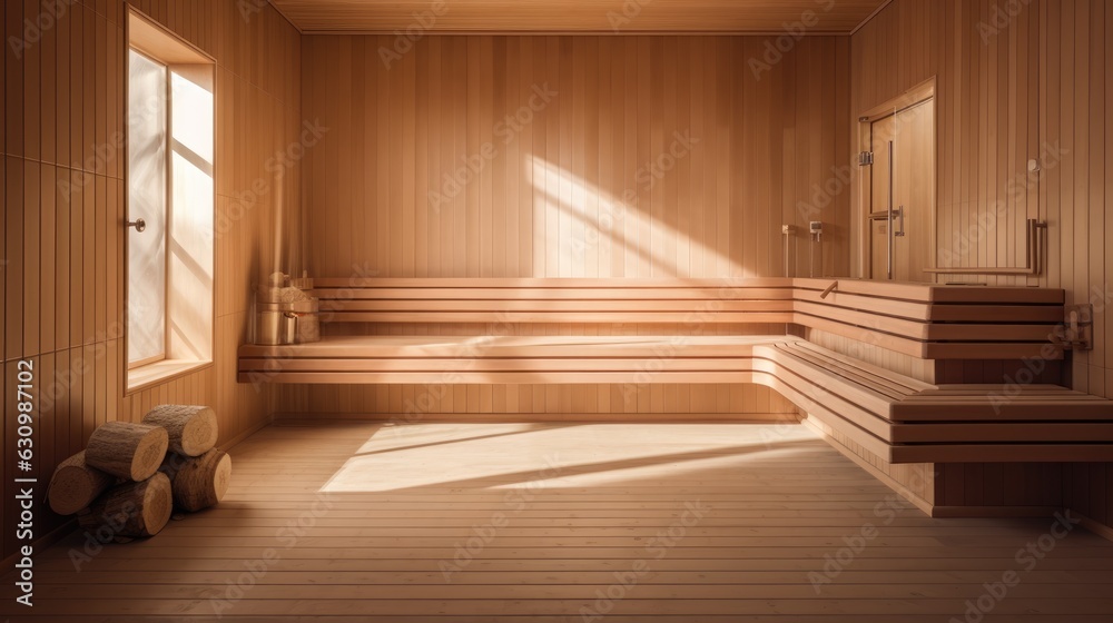 Finnish sauna with wooden relaxing resting benches.