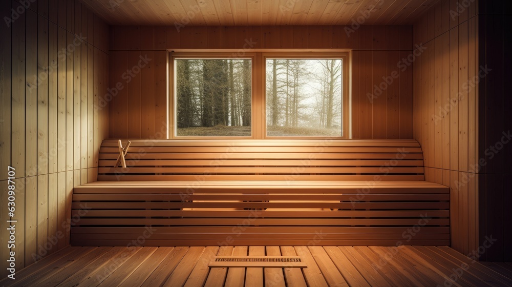 Finnish sauna with wooden relaxing resting benches.