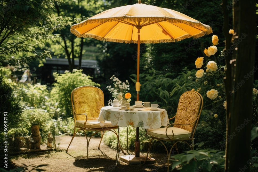 Cafe table with chair and parasol umbrella in the garden