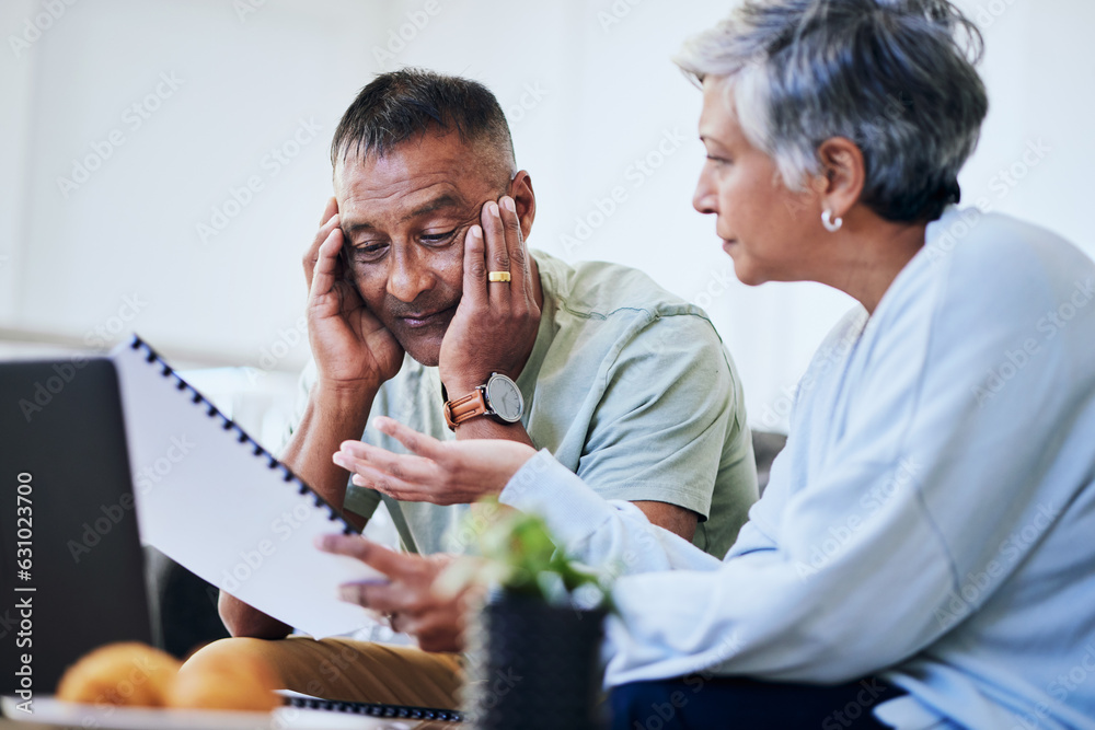 Senior couple, documents and stress for mortgage application, financial review or home for planning 