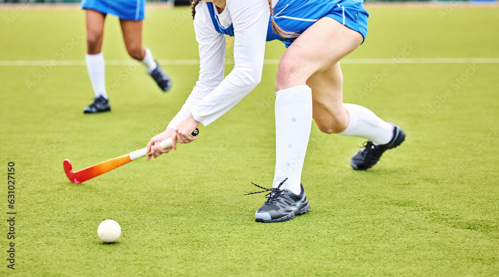 Hockey, closeup and female athlete playing a game, match or tournament on an outdoor field. Fitness,