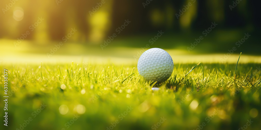 Close-up of golf ball on green grass of golf course, sunny day, blurred backdrop. Generative AI