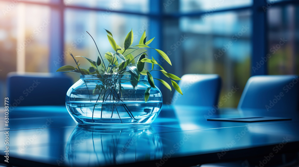 Modern minimalist corporate conference room with glass table in blue shades. Generative AI