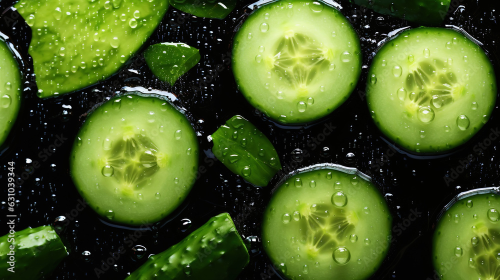 Fresh green cucumber slices with water drops background. Vegetables backdrop. Generative AI