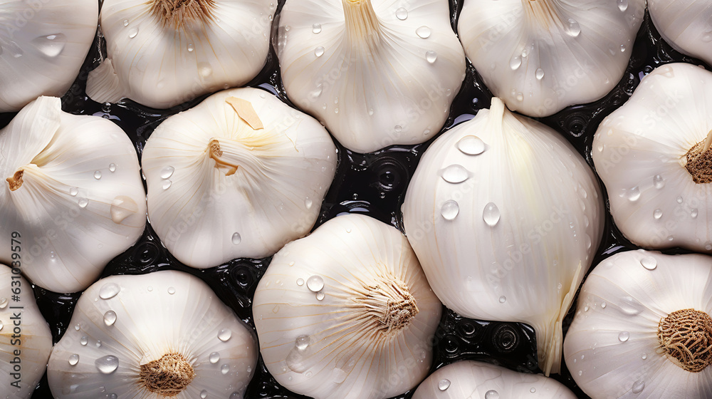 Fresh garlic with water drops background. Vegetables backdrop. Generative AI