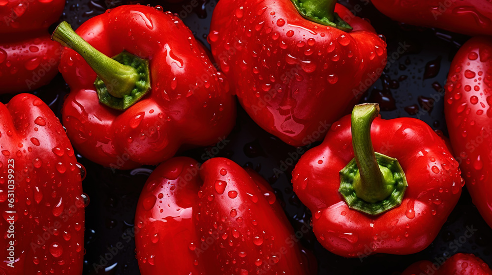 Fresh red bell peppers with water drops background. Vegetables backdrop. Generative AI