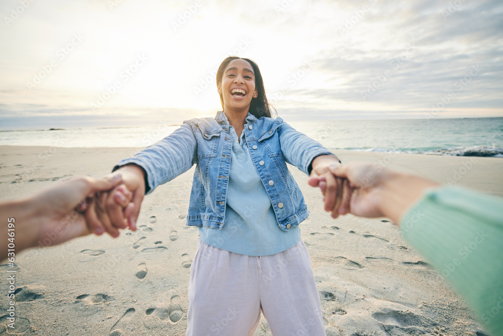 Love, funny and a couple on the beach together for fun at sunset during summer vacation or holiday. 