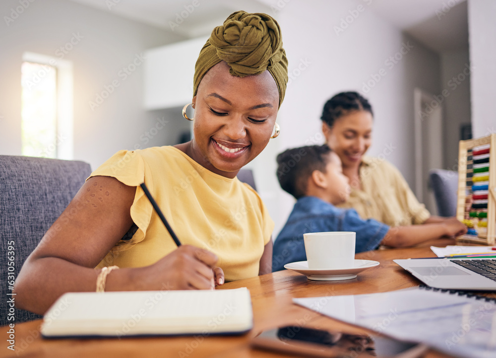 Remote work, black woman writing and child in home with happy babysitter for learning math. African 