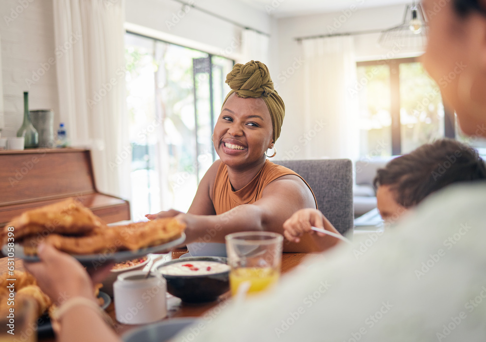 Food plate, breakfast and happy family eating, giving meal or enjoy morning time together, lunch or 