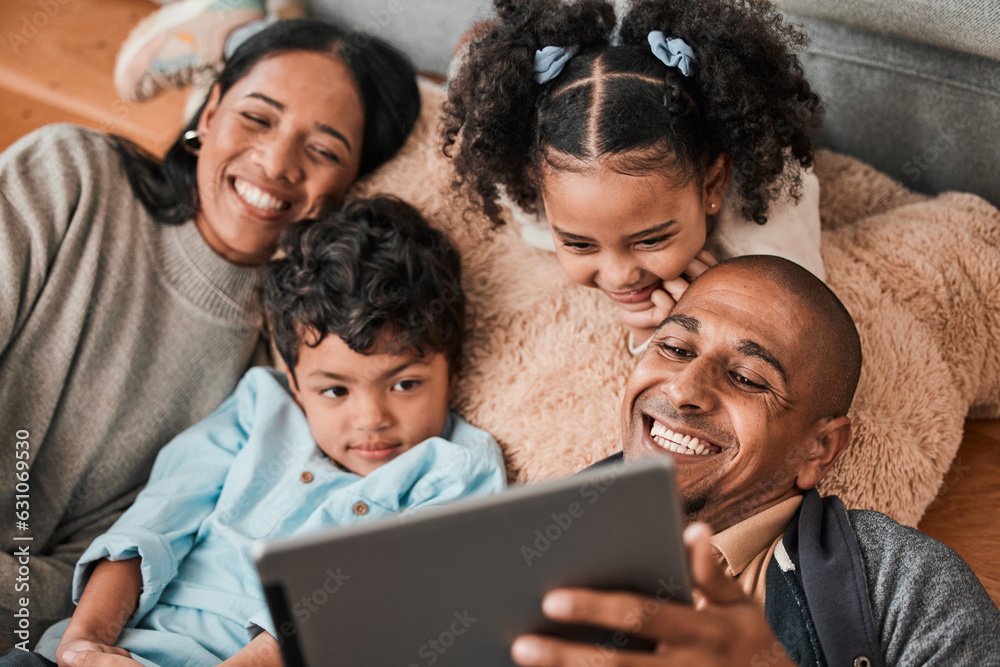 Family, children and parents on tablet for movie, film or cartoon streaming on internet subscription