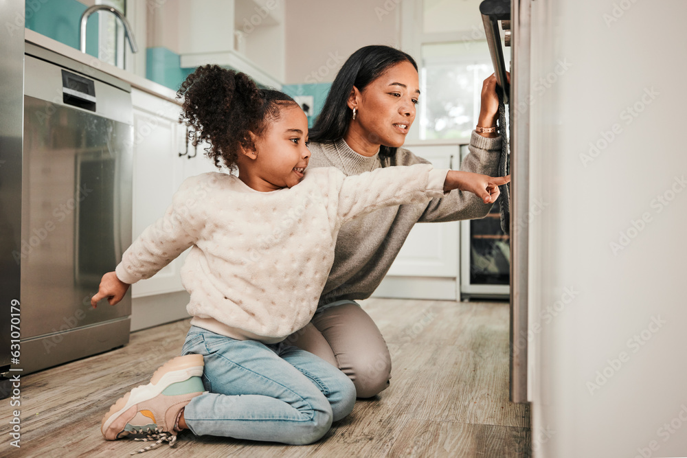 Oven, teaching and parent cooking with child in kitchen for development, care and learning a recipe 