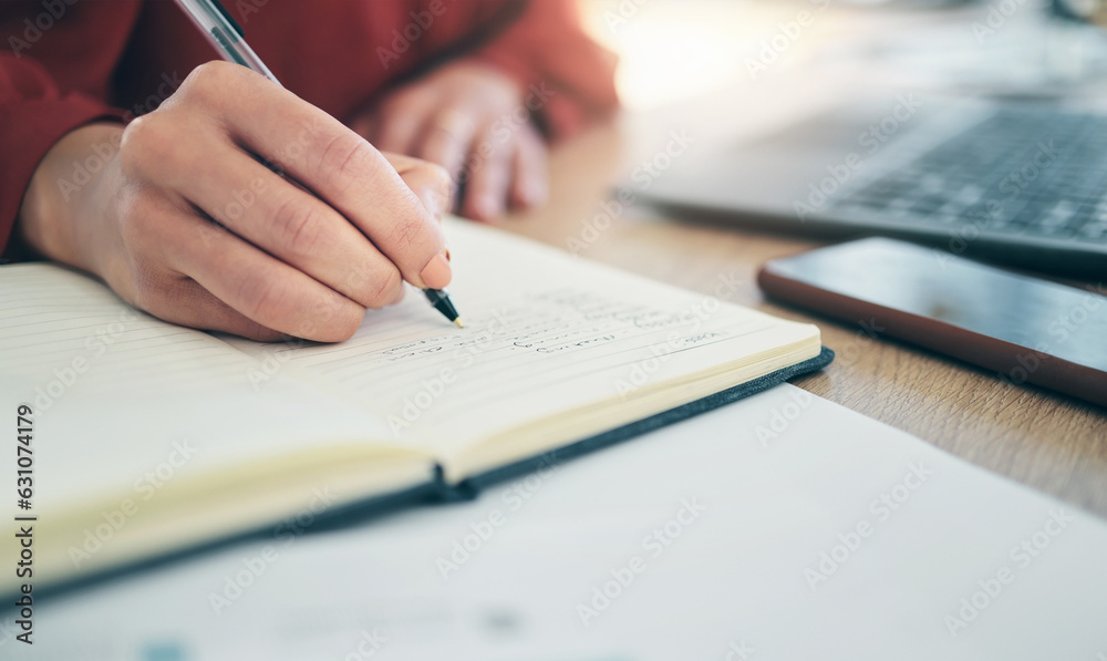 Hand, notebook and person writing, schedule and calendar with brainstorming and planning work closeu