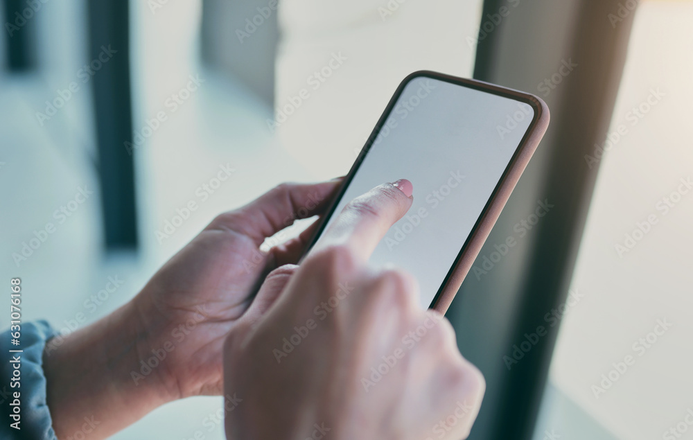 Phone, mockup and hands of person in office for social media, internet and mobile space. Technology,