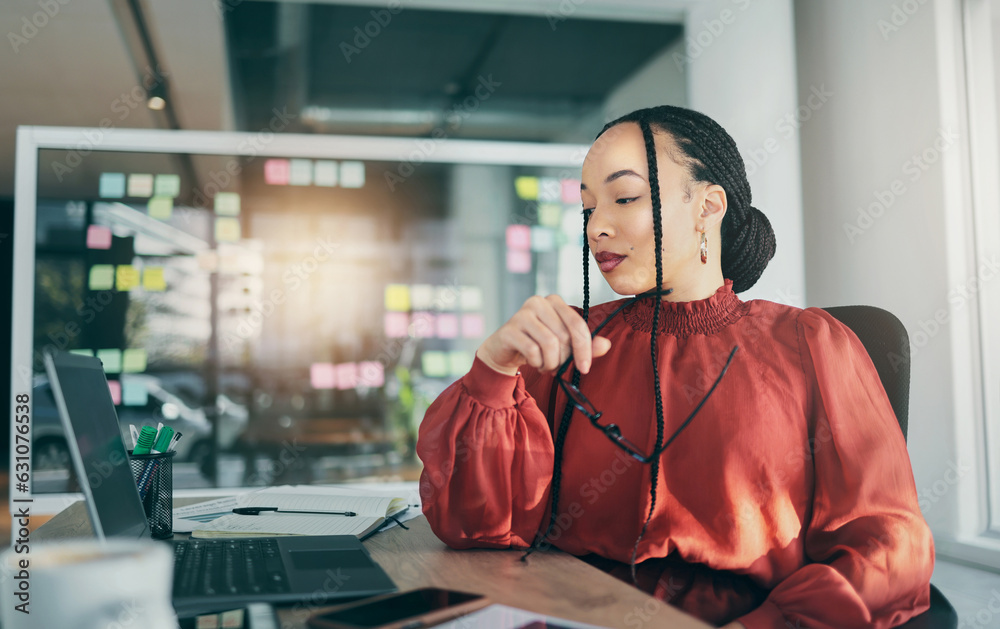 Woman in office with laptop, research and reading email, ideas on website for business plan and brai