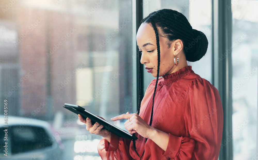 Tablet, search and a business black woman in her office, working online for schedule or calendar pla