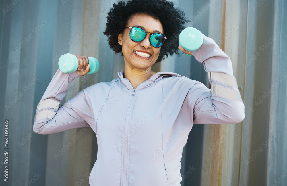 Mature woman, portrait and fitness, sunglasses and dumbbells, retro fashion accessory and muscle tra