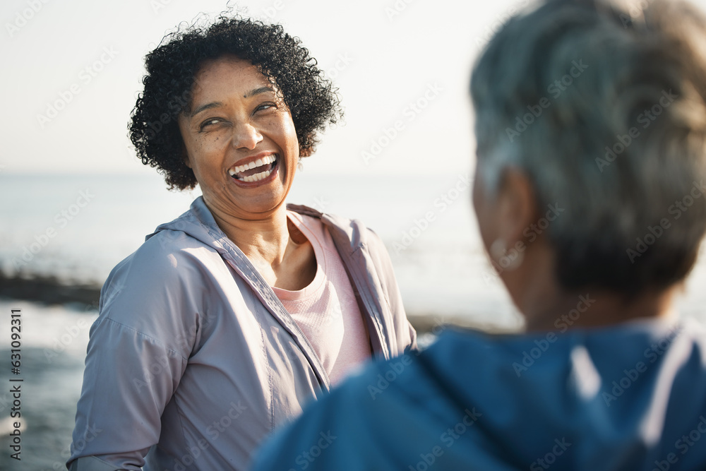 Fitness, funny and smile with senior friends at beach for training, running and relax. Comic, happy 