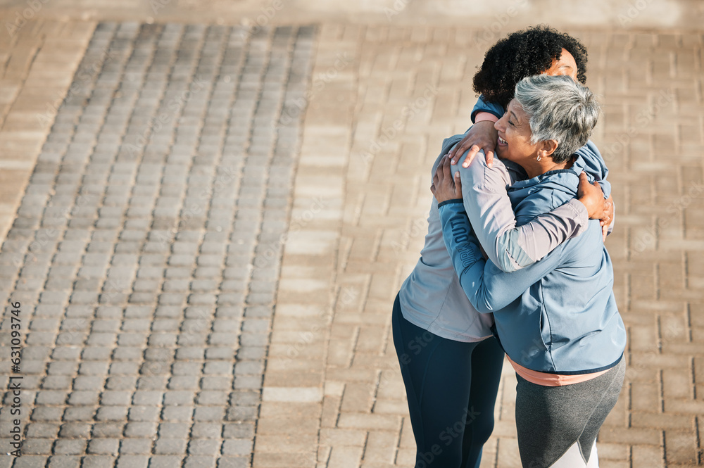 Running, hug and women with mockup space, love and care for fitness and exercise. Athlete, wellness 