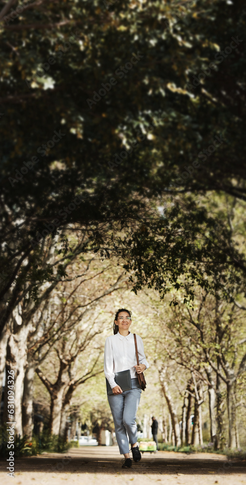 Business woman, park and walking to work with travel, commute and outdoor on urban path. Female prof