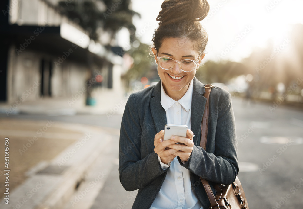 Business, road and woman with a cellphone, typing and travel with internet connection, mobile app an