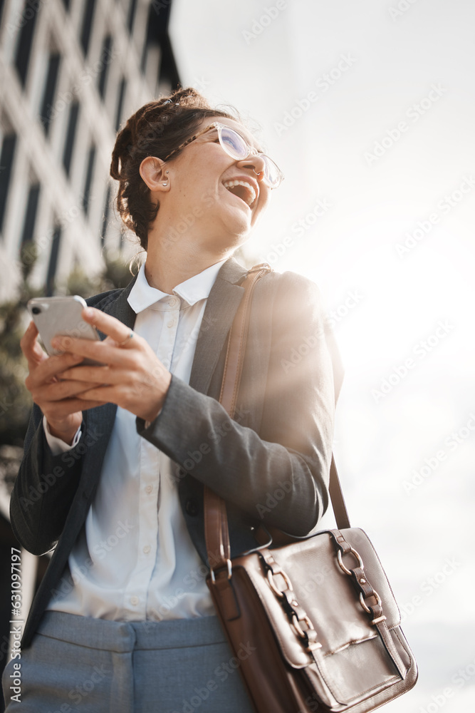 Business, city and woman with a smartphone, funny or travel with internet connection, happiness or e