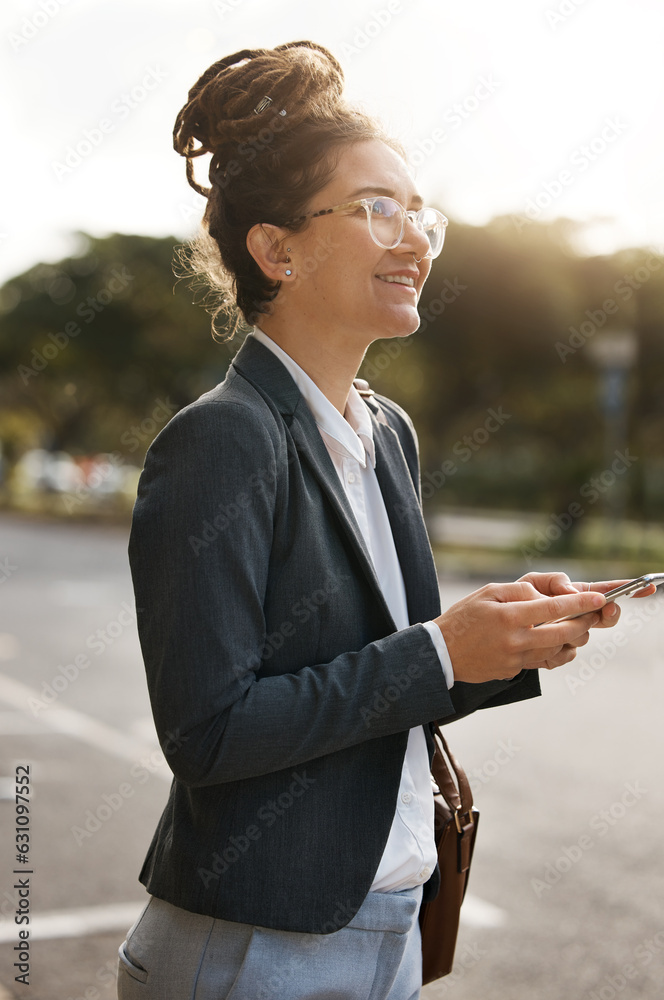 Employee, street and woman with a smartphone, thinking and travel with social media, mobile app and 