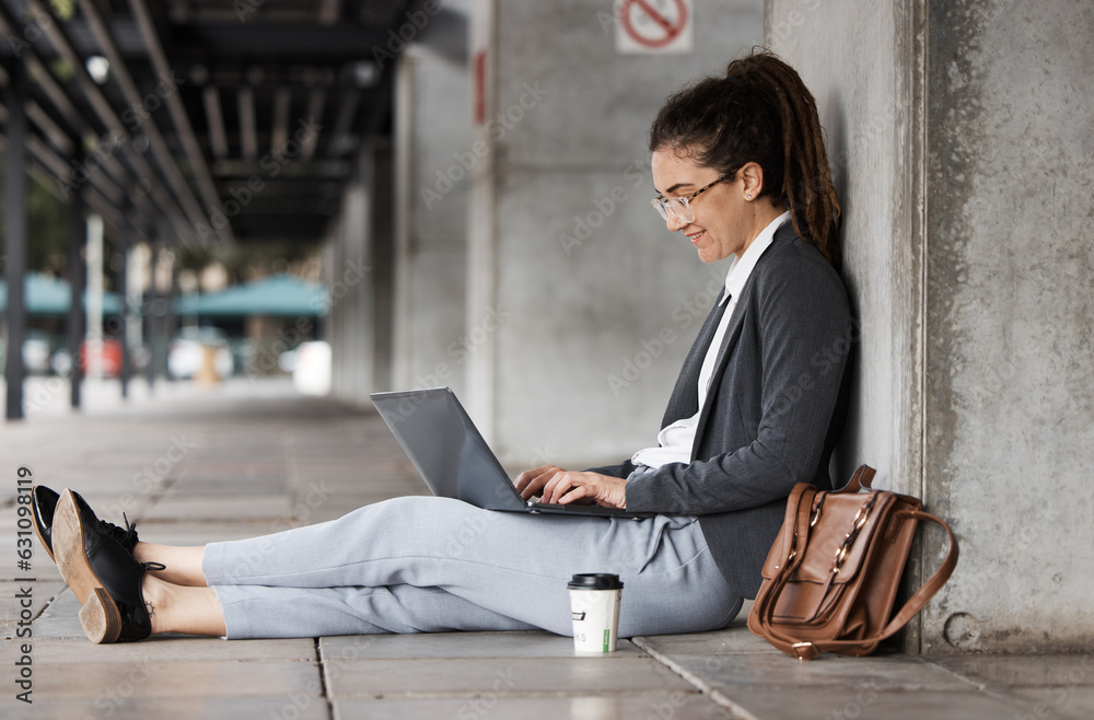 Laptop, typing and woman on a coffee break in the city or employee relax on social media, internet o