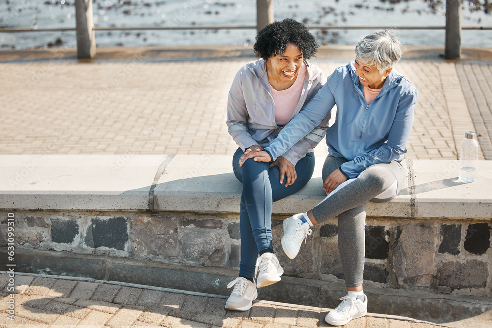 Senior women, bench sitting and beach with friends, training and laugh in summer outdoor. Exercise, 