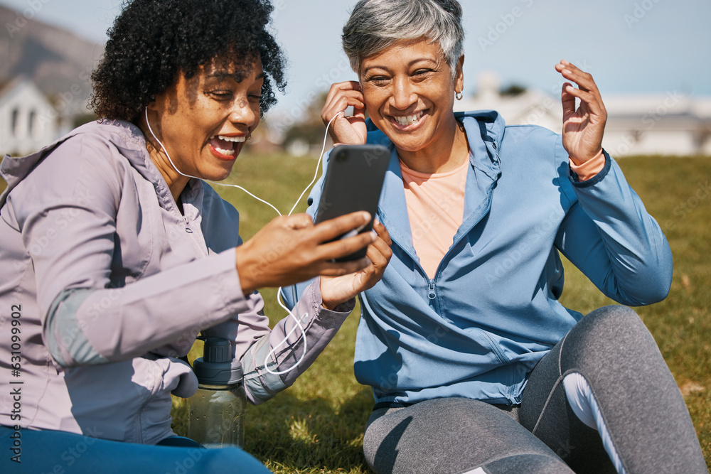 Senior woman, daughter and outdoor phone call or listening to news, announcement or social media, bl