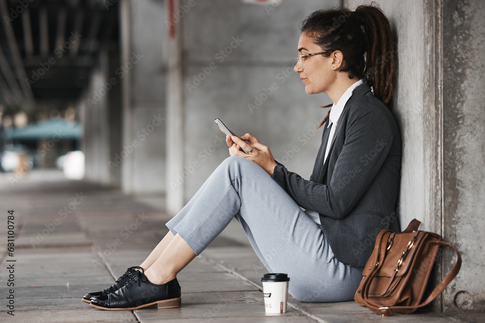 Woman, reading and phone on coffee break in the city, street or employee relax on social media, inte