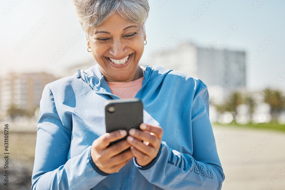 Fitness, outdoor and senior woman with cellphone, typing and social media with connection, network a