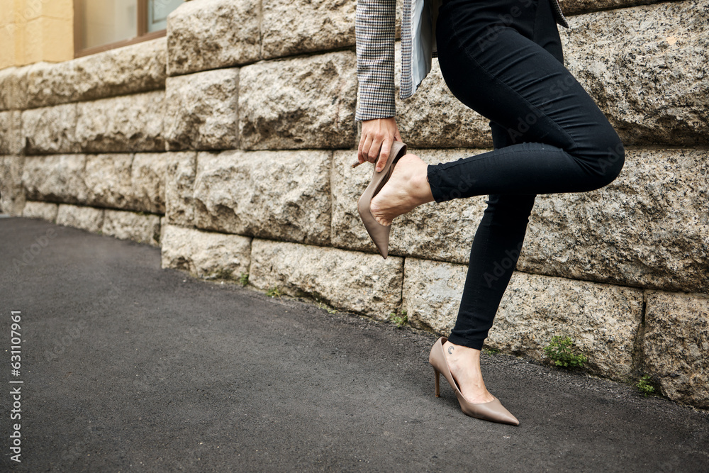 Hands, heels fix and business woman on road with shoes and job fashion on work commute. City travel,