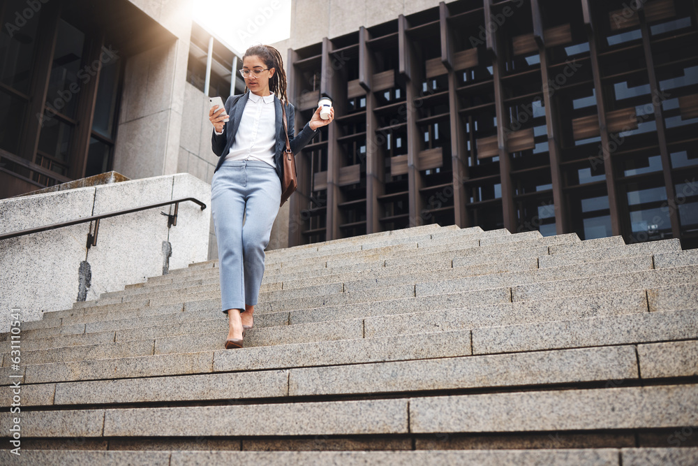 Business woman, job stairs and phone with work commute, coffee and worker in city. Urban town, femal