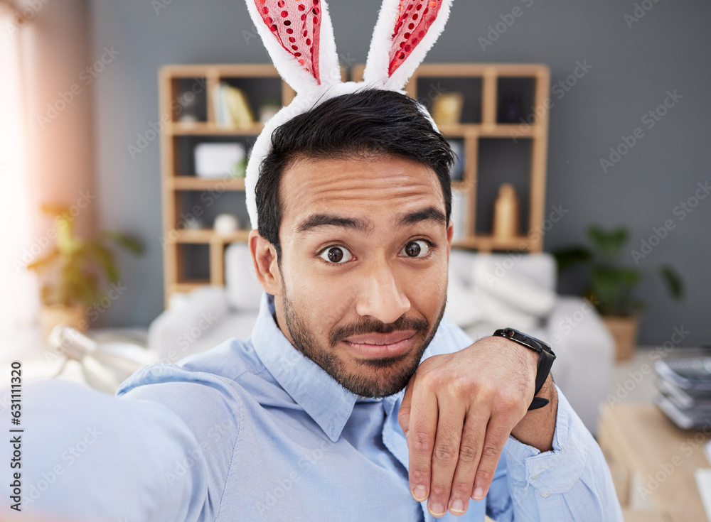 Bunny ears, holiday and selfie with a man and remote work on easter with creative job. Celebration, 