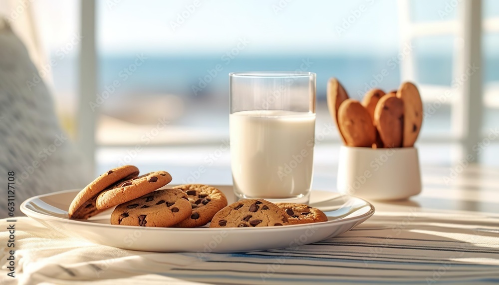 Peanut butter cookies with chocolate chips a glass