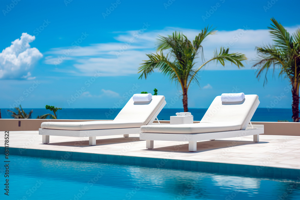 pool with chairs With a view of the sea blue clear sunny sky