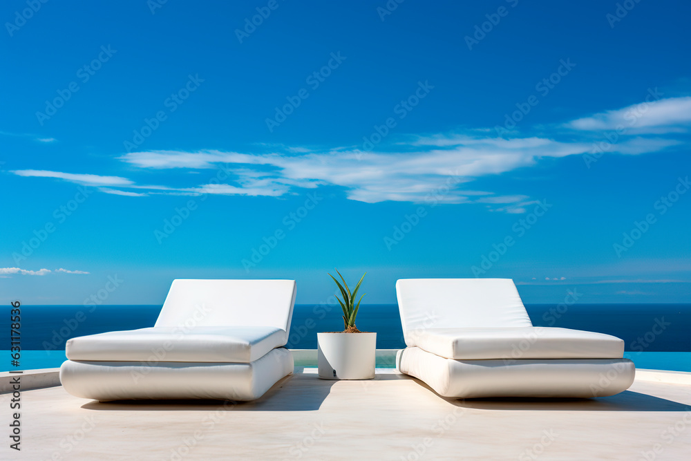 Infinity pool with chairs With a view of the sea blue clear sunny sky