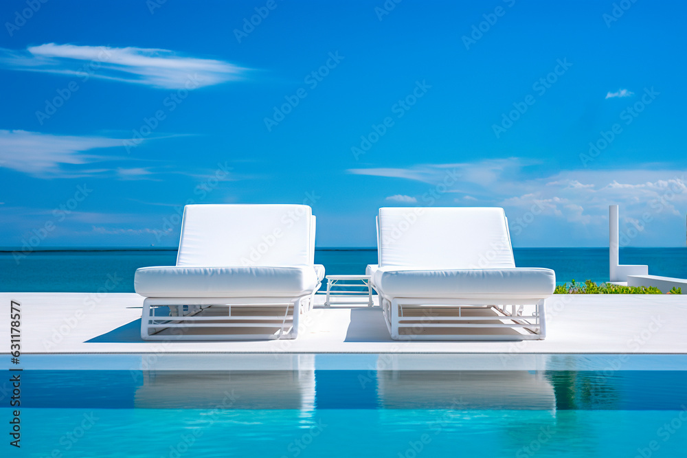 Infinity pool with chairs With a view of the sea blue clear sunny sky