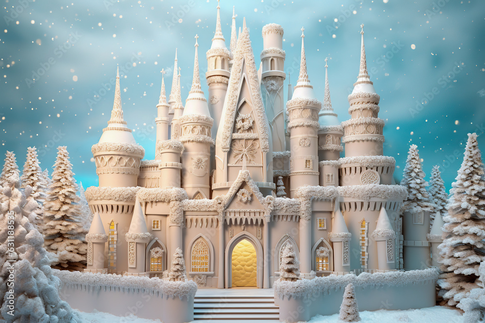 Magic Castle in a winter wonderland. Fantasy snowy landscape. Winter castle on the mountain, winter 