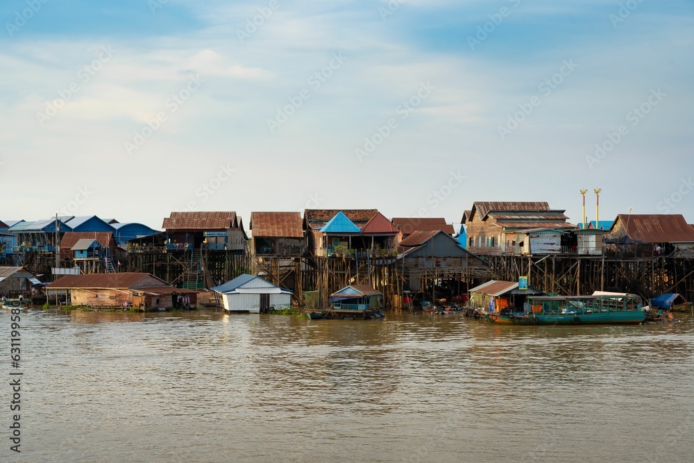 Picturesque view of a floating village in Kampong Khleang, Cambodia