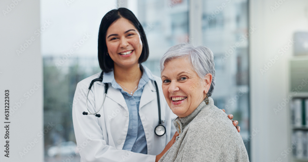 Face, doctor and old woman with a smile, elderly patient and consultation with checkup, appointment 