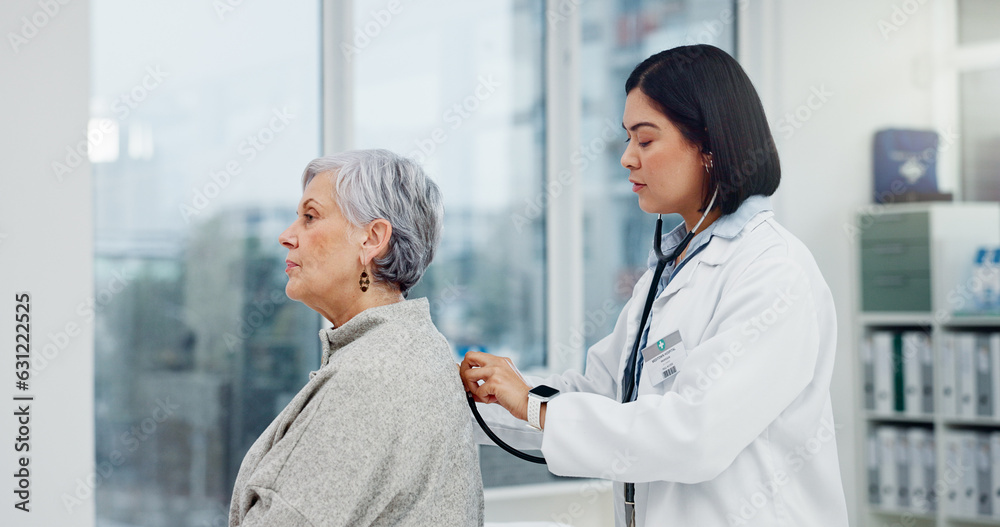 Senior woman, doctor and stethoscope on back to listen to lungs for breathing problem. Elderly, medi