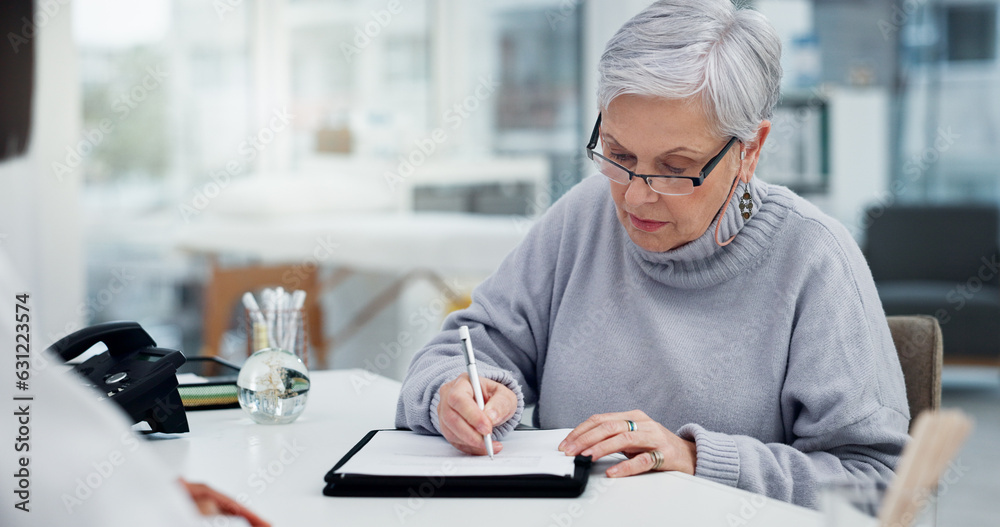 Medical paperwork, health insurance and old woman, signature and patient with doctor in office. Heal