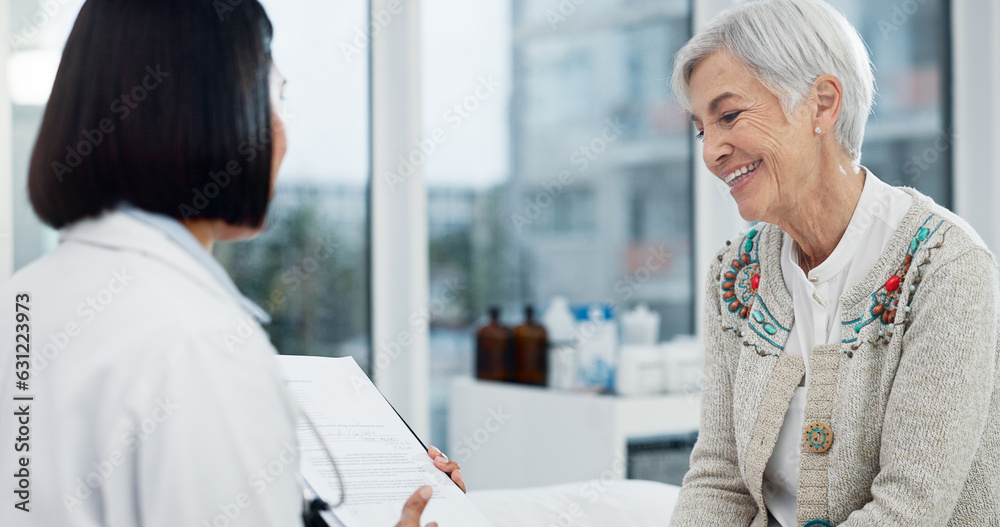 Senior woman, doctor and happy for results at consultation with paperwork, report or progress for he