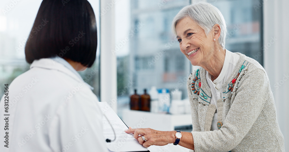 Senior woman, doctor and happy for results at consultation with paperwork, report or progress for he