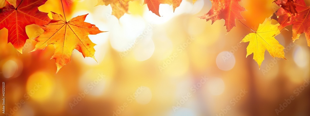 Autumn blurred background with frame of orange, gold and red maple leaves on nature on background of